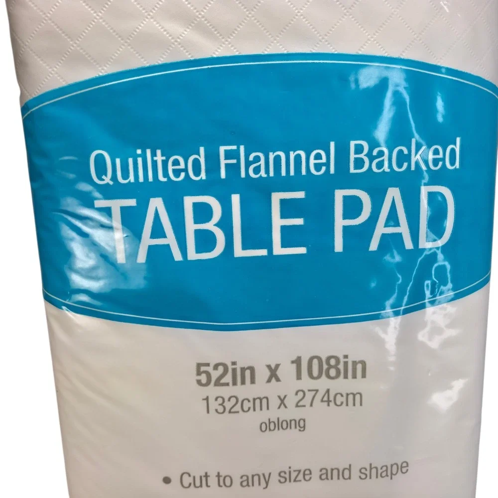 Quilted Flannel Back Table Pad Protect 52 x 108 Oblong Vinyl White Customizable